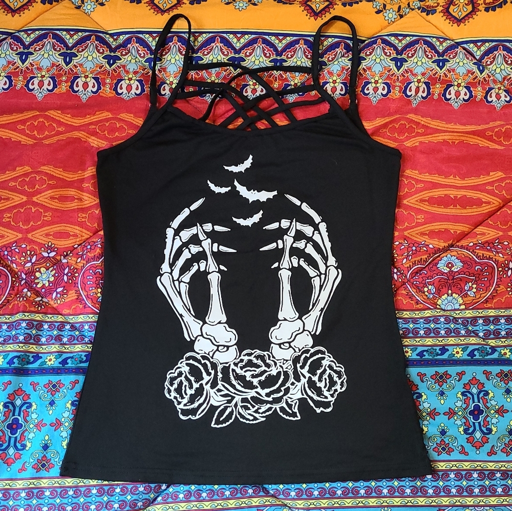 Skeleton Hand Bat Roses Tank Top